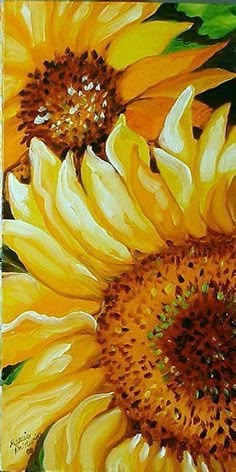 two yellow sunflowers with green leaves and brown centers are shown in this painting