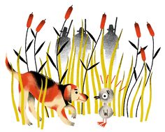 an illustration of a dog chasing a bird through tall grass with red flowers in the background