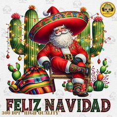 an image of a mexican santa clause sitting in front of a cactus and christmas decorations