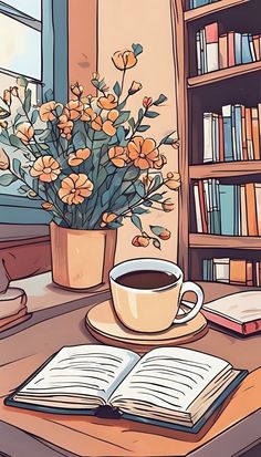 a cup of coffee and an open book on a table in front of a window