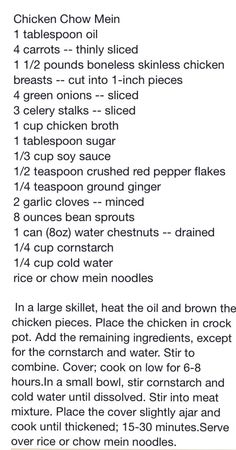 the recipe for chicken chow mein is shown in black and white, with instructions to make it