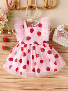 Rosa  Collar sin mangas Tejido Transparente Frutas y verduras,Estampado Integral Pichi Embellished No-Elástico Todo,Primavera/Verano Spring Birthday Party Ideas 1st, Embellished Tulle Dress, Baby Girls Dresses, Fluffy Skirt, Baby Girl Pink, Strawberry Dress, Pink Strawberry, Striped Bodysuit