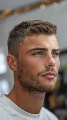 Short Mans Haircut, White Men Haircut Straight Hair, Mens Blonde Short Hair, Short Hair Male Haircuts, Mens Pushed Back Hair, Lads Haircuts, Men’s Short Haircut Styles, Stylish Buzzcut Men, Textured Crew Cut Men