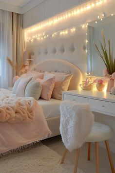 a white bedroom with lights on the wall