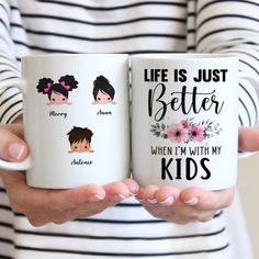 two women holding coffee mugs with the words life is just better with grandkids