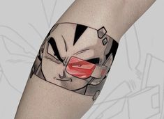 a man's arm with a cartoon character tattoo on it and red glasses in his eyes