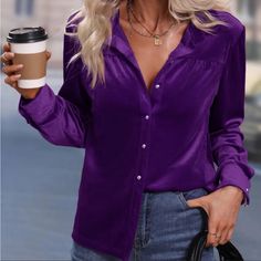 Purple Velvet Button Down Oversized Shirt Top S M L Xl, Polyester Blend, Ships In 7-8 Days Purple Satin Shirt Outfit, Purple Shirt Outfits, Button Down Oversized Shirt, Satin Shirt Outfit, Satin Shirts, Preppy Prom, Trendy Business Casual, Business Formal Dress, Coachella Dress