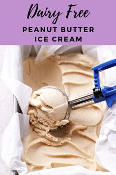 a scoop of peanut butter ice cream in a pan with the text dairy free peanut butter ice cream