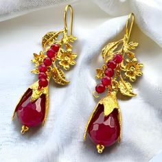 Gold Plated Red Stone Long Earrings, Golden Handmade Floral Dangle Ear – Glam Duchess Earrings Golden, Chunky Earrings, Perfect Palette, Earrings Red, Red Stone, Gold Plated Necklace, Fun Earrings, Teardrop Earrings, Long Earrings