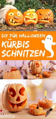 pumpkins with faces carved into them and the words diy fur halloween kurbis schnitzen