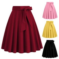 Summer Style Solid Women's Vintage Swing Pin Up Casual Runway Skirts High Waist Black Green Red Runway Skirts, Casual Runway, Red Cocktail, Women Skirt, Summer Dates, Bow Decor, Skirt Belt, Knee Length Skirt, Black Green