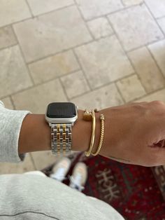 How To Wear Apple Watch With Bracelets, Women’s Watch Styling, I Watch Accessories, 45mm Apple Watch Band, I Watch Aesthetics, Bracelet Stacking With Apple Watch, Apple Watch Silver Women, Michele Apple Watch Band, Apple Watch Starlight Outfit