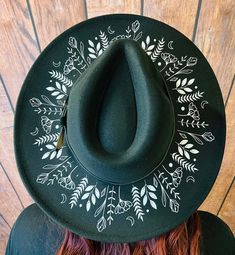 "Welcome to Witchwood's brand new XL wide brim hats! These hats have our biggest brim yet! They are made of sturdy vegan felt and are all hand printed.   Vegan Felt Size: 23\" (but size is adjustable and can be sized down, inside the hat) PLEASE NOTE: These hats have a bit more \"give\" to the circumference and can fit a slightly bigger size than our other wide brim hats Brim - 3.75\" wide Hat Color - Black Print Color - White" Tovad Ull, Cowboy Hat Design, Custom Cowboy Hats, Goth Witch, Painted Hats, Felt Cowboy Hats, Chapeau Cowboy, Beaded Hat, Wide Brim Hats