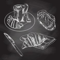 a chalk drawing of bread, coffee and croissants