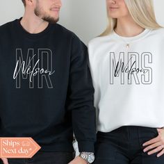 All of our Custom Mrs & Mr hoodies are handmade to order on an ultra soft crewneck that will quickly become your go to apparel item! You will never want to take it off! Our Matching Couple sweatshirts are handmade to order with eco-friendly water based ink that feels good and lasts longer! ♥The details♥ This unisex sweatshirt is crafted from soft, breathable fabric for ultimate comfort. Printed with an eco-friendly water-based ink, this sweater not only looks great but also supports sustainable practices. The unisex sizing allows for a versatile fit, but we suggest sizing up for a more relaxed look. To keep your crewneck looking its best, we recommend washing it on cold and either hanging it to dry or tumble drying it on low heat. Be sure to avoid ironing directly on the design to preserve Black Long Sleeve Sweatshirt With Custom Text, Custom Text Long Sleeve Sweatshirt For Winter, Winter Crew Neck Sweatshirt With Custom Text, Black Crew Neck Sweatshirt For Gift, Relaxed Fit Crew Neck Hoodie As Gift, Customizable Crew Neck Hoodie For Fall, Custom Text Cotton Hoodie With Crew Neck, Custom Text Cotton Crew Neck Hoodie, Customizable Fleece Crew Neck Sweatshirt