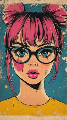 a painting of a girl with pink hair and glasses