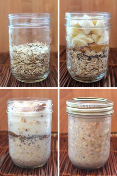 four different jars filled with oatmeal and other things to eat in them