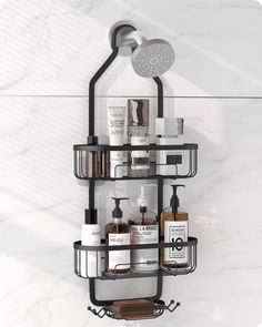 a bathroom shelf that has some bottles and soaps in it on the side of a wall