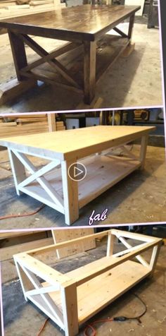 three different views of a coffee table made out of pallets and wood planks