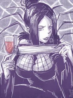 a drawing of a woman holding a wine glass in front of her face and looking down