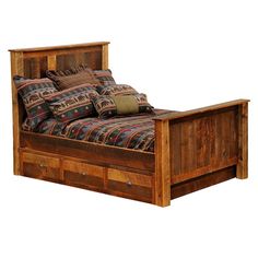 a wooden bed frame with two drawers underneath the headboard and foot board is made out of wood