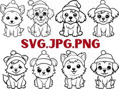 dog svg clipart with different types of dogs in hats and scarfs on white background