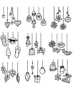 christmas ornaments hanging from the ceiling in black and white, with one line drawn on it