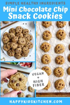 the recipe for mini chocolate chip snack cookies is shown in three different pictures, including one with