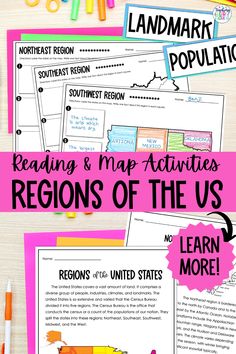 reading and map activities for regions of the us with text overlaying them on a table