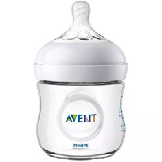 a baby bottle that is white and has the word avent on it's side