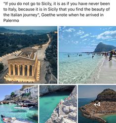 the collage shows pictures of different places in italy, including an island and some buildings