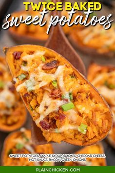 sweet baked sweet potatoes with bacon, cheese and green onions in the middle on a wooden spoon