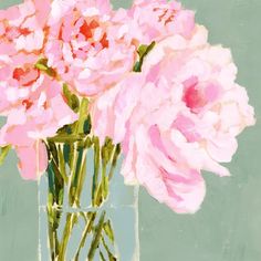 a painting of pink flowers in a glass vase