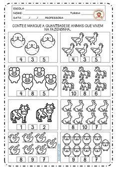 the worksheet for numbers 1 - 10 with pictures of farm animals and birds