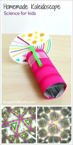 the homemade kaleidoscope for kids is made from paper and colored pencils