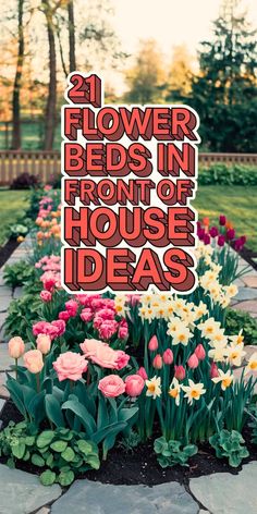 An artistic flower bed in front of a house with unique and expressive plants and flowers. Entryway Flower Bed Ideas, Country Flower Bed Ideas, Large Front Flower Bed Ideas, Garden Bed Near Front Door, East Facing Flower Bed Ideas, Flowerbeds Around House, Front Yard Flower Bed Shapes, Flowerbed Shape Ideas