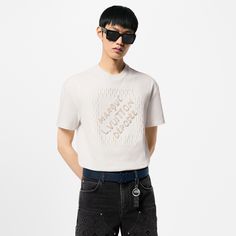 LOUIS VUITTON® - Embroidered Signature Cotton T-shirt - Milk White Louis Vuitton Gifts, Stole Scarf, Leather Denim, Buckle Shoes, Silver Jewelry Fashion, Pharrell Williams, Mens Fall, Knitwear Tops, Denim Coat