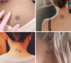 four different tattoos on the back of women's neck