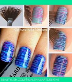 Verwenden Sie ein Fan Pinsel, um einen gestreiften Effekt zu erzeugen. Fan Brush Nails, Do It Yourself Nails, Nail Art Diy Easy, Striped Nails, Diy Nail Art, Simple Nail Designs, Nail Art Hacks, Cute Nail Designs