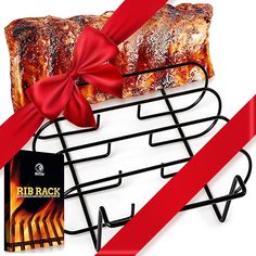 the bbq rack has two ribs on it and is tied with a red ribbon