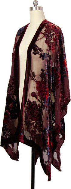 SAACHI Ione Velvet Burnout Kimono | Nordstromrack Look Kimono, Goth Hippie, Velvet Kimono, Embroidered Kimono, Casual Kimono, Velvet Burnout, Orange Velvet, Burgundy Velvet