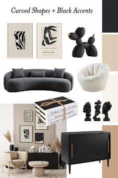 black and white furniture is featured in this modern living room design board with neutral tones