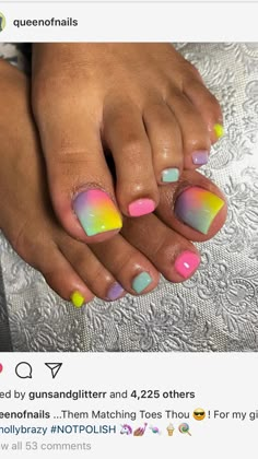 Brown Nails And Toes, Spring Nails And Toes Matching, Easter Toes Designs, Colorful Toenail Designs, Bright Colored Toenails, Easter Toenails, Rainbow Toe Nail Designs, Easter Toe Nail Designs, Purple Toenails With Design