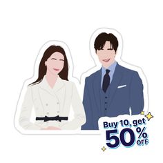 an image of a man and woman with 50 % off stickers on the back