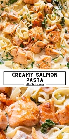 creamy salmon pasta with spinach and parmesan cheese is an easy dinner recipe