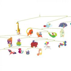 an image of a mobile with animals and birds hanging from it's wires on a white background