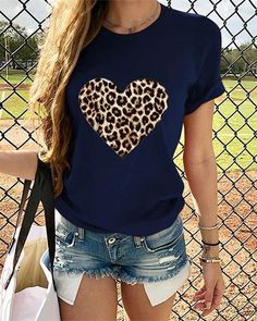 leopard heart women short sleeve shirt printed tops p125555, Red / US10 Women Short Sleeve Shirt, Embellished Shorts, Women Shirt Top, Leopard Print Shorts, Short Sleeve Shirt Women, Heart Women, Loose Blouse, Love T Shirt, Heart Print