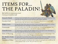 a page from the book, items for the paladin