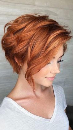 Copper Short Hair Color, Red With Blonde Highlights Short Hair, Copper Pixie Haircut, Copper Lowlights On Red Hair, Short Hair Styles Dyed, Copper And White Hair, Short Copper Bob, Red Hair Short Bob, Copper Hair Blonde Highlights