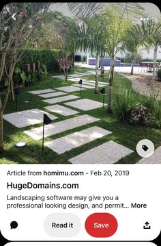 an image of a garden with grass and stepping stones in the middle, surrounded by palm trees